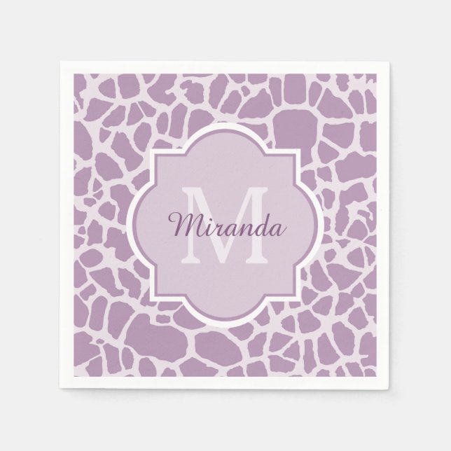 Chic Purple Giraffe Print With Monogram and Name Napkin (Front)