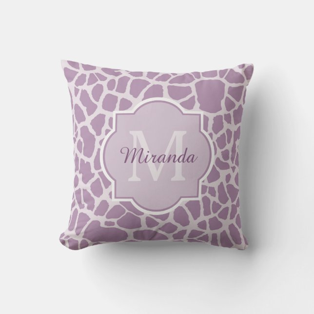 Chic Purple Giraffe Print With Monogram and Name Throw Pillow (Front)