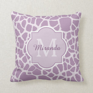 Chic Purple Giraffe Print With Monogram and Name Throw Pillow