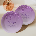 Chic Purple Glitter Drip 16th Birthday Party Paper Plate<br><div class="desc">These chic,  elegant 16th birthday party paper plates feature a sparkly purple faux glitter drip border and purple ombre background. Personalize them with the guest of honour's name in purple handwriting script,  with her birthday and date below in sans serif font.</div>