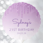 Chic Purple Glitter Drip 21st Birthday Party Balloon<br><div class="desc">This 21st birthday party balloon features a a sparkly purple faux glitter drip border and purple ombre background. Personalize it with the guest of honour's name in purple handwriting script,  with her birthday and date below in sans serif font.</div>