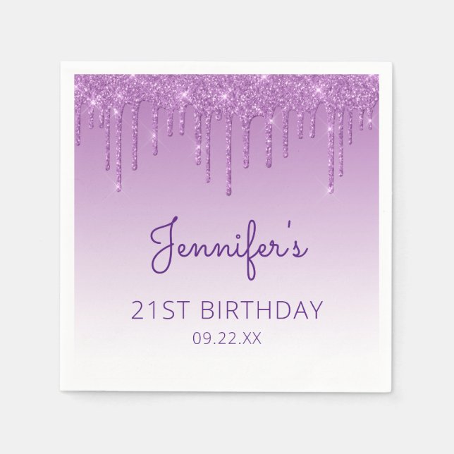 Chic Purple Glitter Drip 21st Birthday Party Napkin (Front)