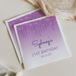 Chic Purple Glitter Drip 21st Birthday Party Napkin<br><div class="desc">These chic,  feminine 21st birthday party paper napkins feature a sparkly purple faux glitter drip border and purple ombre background. Personalize them with the guest of honour's name in purple handwriting script,  with her birthday year and date below in sans serif font.</div>