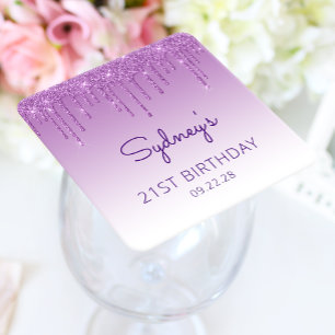 Chic Purple Glitter Drip 21st Birthday Party Square Paper Coaster