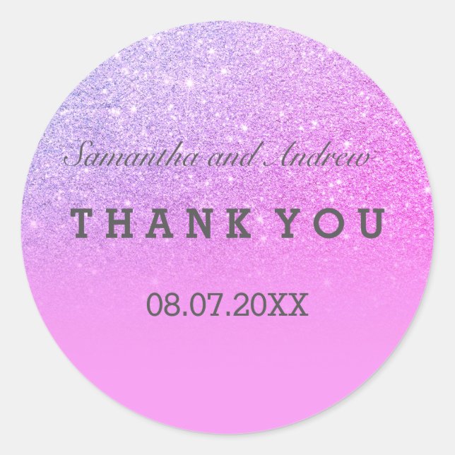 Chic purple glitter pink ombre Thank you Classic Round Sticker (Front)