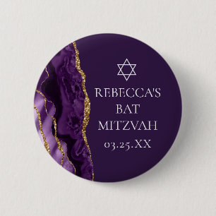 Chic Purple Gold Agate Bat Mitzvah Party Button