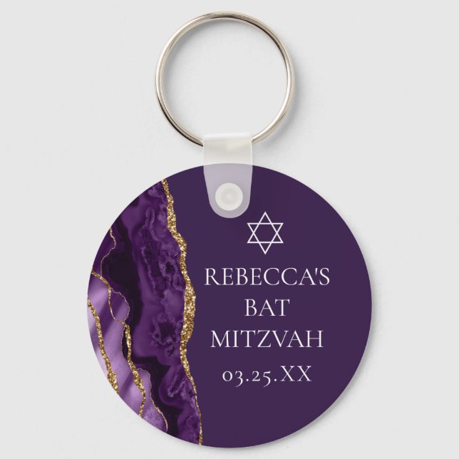 Chic Purple Gold Agate Bat Mitzvah Party Custom Keychain (Front)
