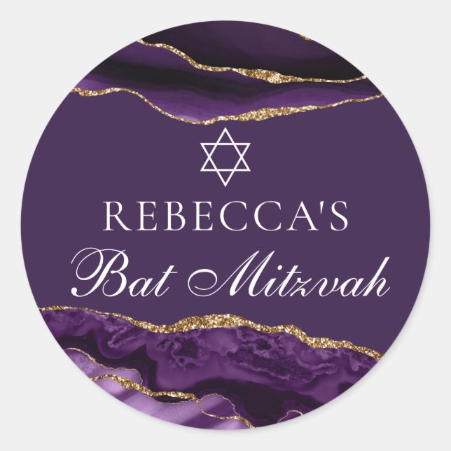 Chic Purple Gold Bat Mitzvah Party Personalized Classic Round Sticker (Front)