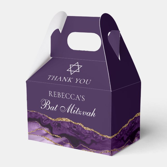 Chic Purple Gold Bat Mitzvah Personalized Party Favor Box (Front Side)