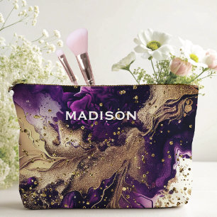Chic purple gold faux glitter marbling monogram accessory pouch