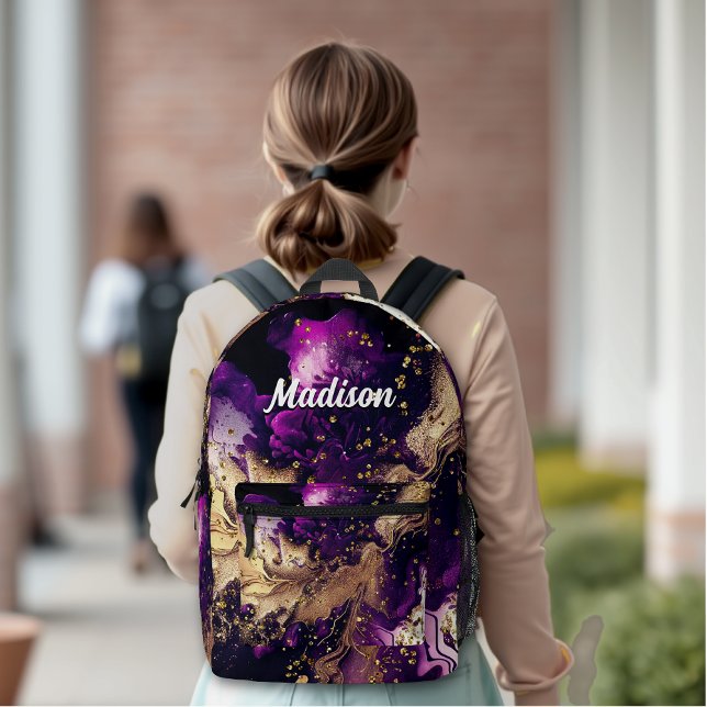 Chic purple gold faux glitter marbling monogram printed backpack (Creator Uploaded)