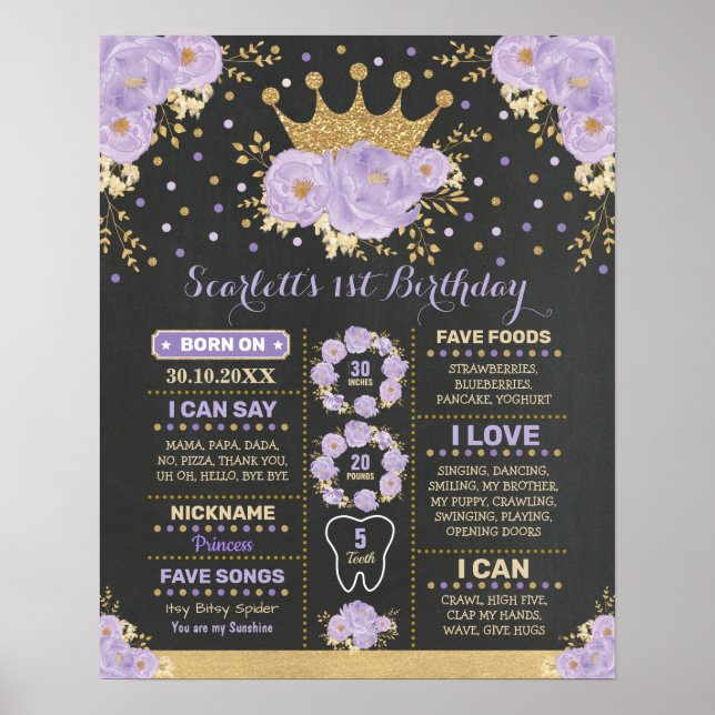 Chic Purple Gold Floral Crown Princess Milestone Poster (Front)