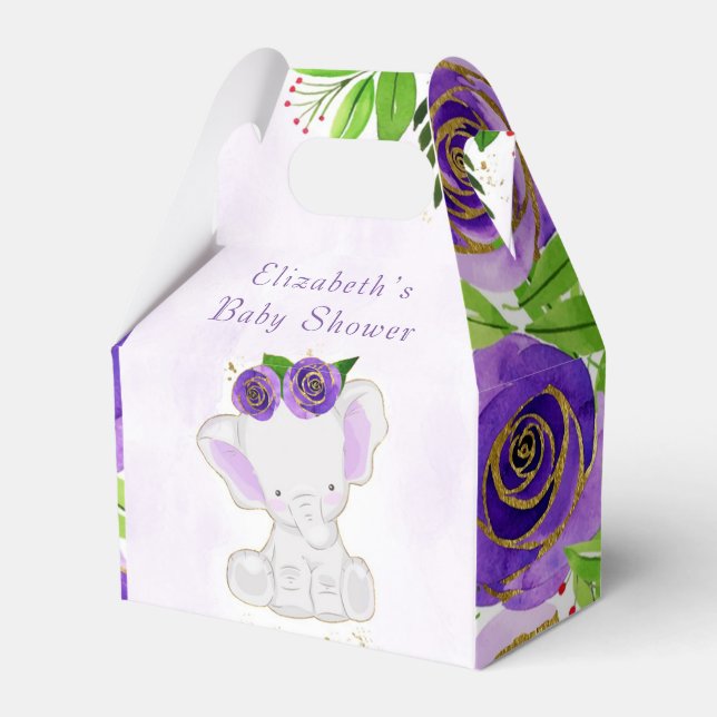 Chic Purple Gold Floral Cute Elephant Baby Shower Favor Box (Front Side)