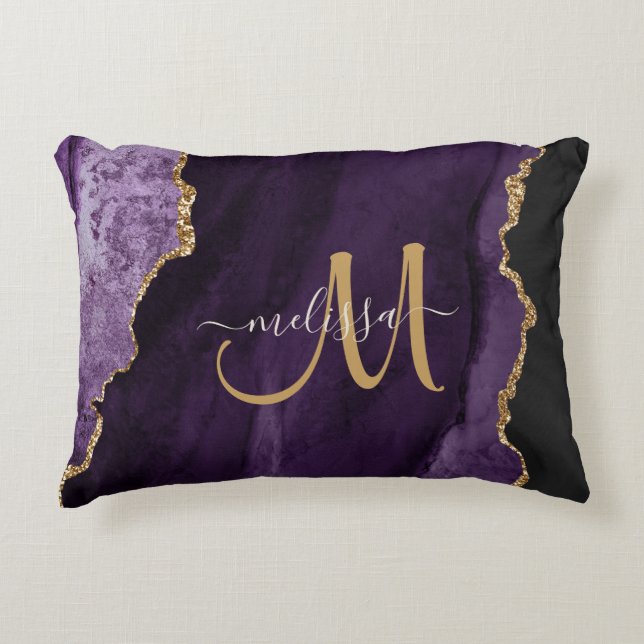 Chic Purple Gold Glitter Agate Custom Monogram Accent Pillow (Front)
