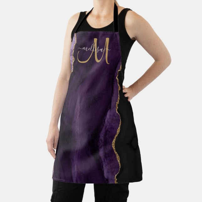 Chic Purple Gold Glitter Agate Custom Monogram Apron (Insitu)