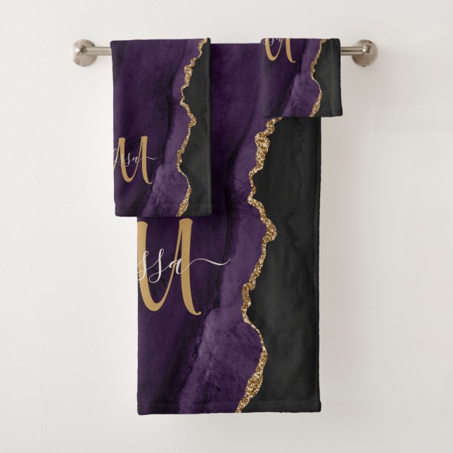 Chic Purple Gold Glitter Agate Custom Monogram  Bath Towel Set (Insitu)