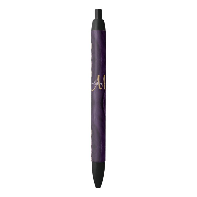 Chic Purple Gold Glitter Agate Custom Monogram Black Ink Pen (Front Vertical)
