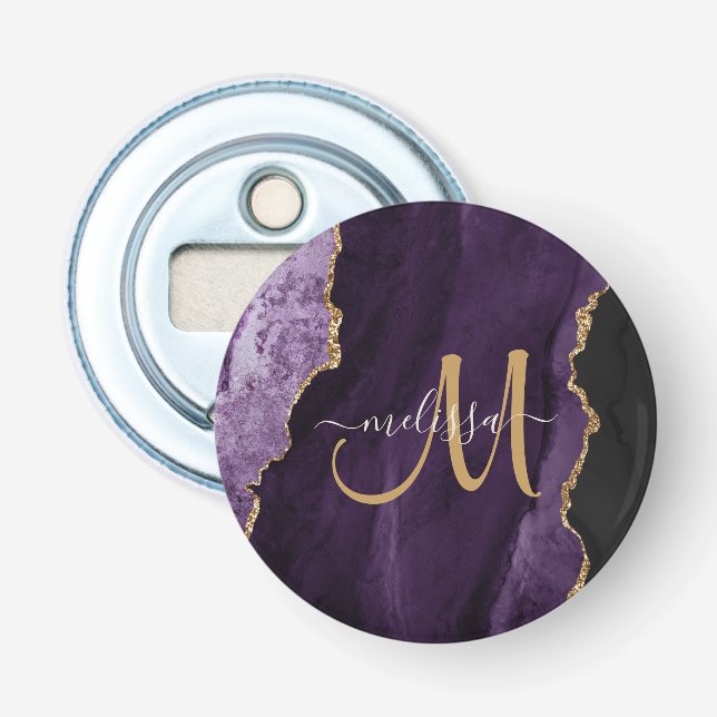 Chic Purple Gold Glitter Agate Custom Monogram  Bottle Opener (Front)