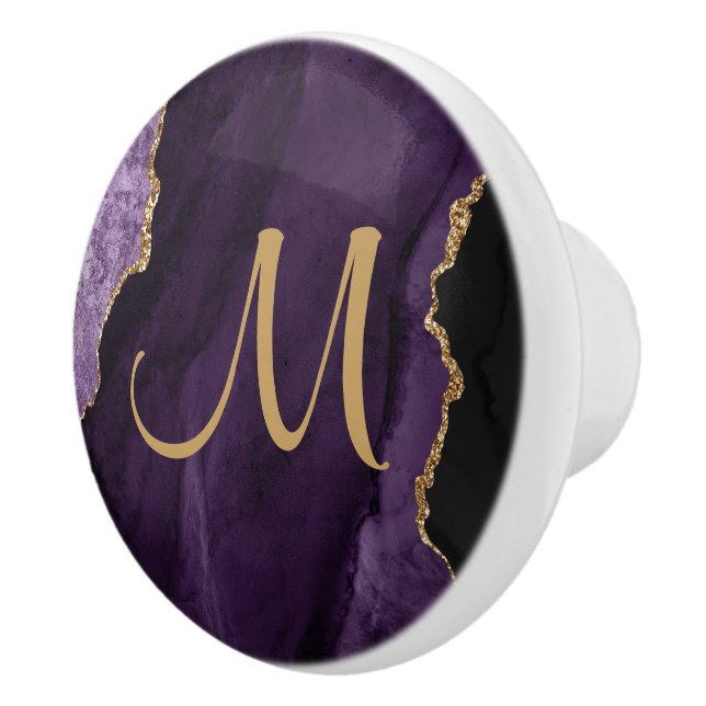 Chic Purple Gold Glitter Agate Custom Monogram Ceramic Knob (Right)