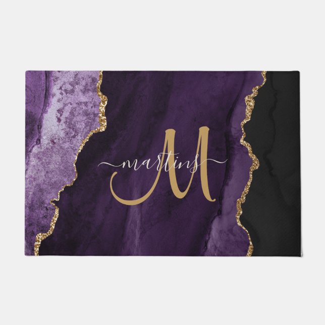 Chic Purple Gold Glitter Agate Custom Monogram Doormat (Front)