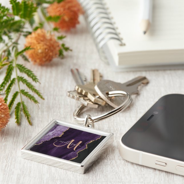 Chic Purple Gold Glitter Agate Custom Monogram Keychain (Side)