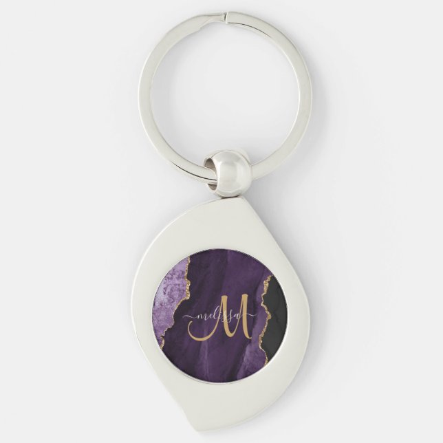 Chic Purple Gold Glitter Agate Custom Monogram Keychain (Front)