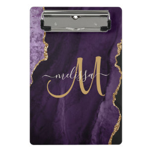 Chic Purple Gold Glitter Agate Custom Monogram Mini Clipboard