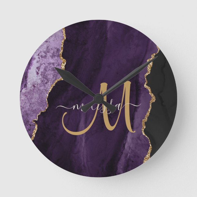 Chic Purple Gold Glitter Agate Custom Monogram Round Clock (Front)