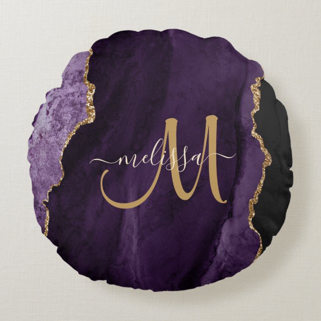 Chic Purple Gold Glitter Agate Custom Monogram Round Pillow (Front)