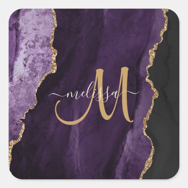 Chic Purple Gold Glitter Agate Custom Monogram Square Sticker (Front)