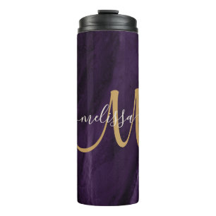 Chic Purple Gold Glitter Agate Custom Monogram Thermal Tumbler