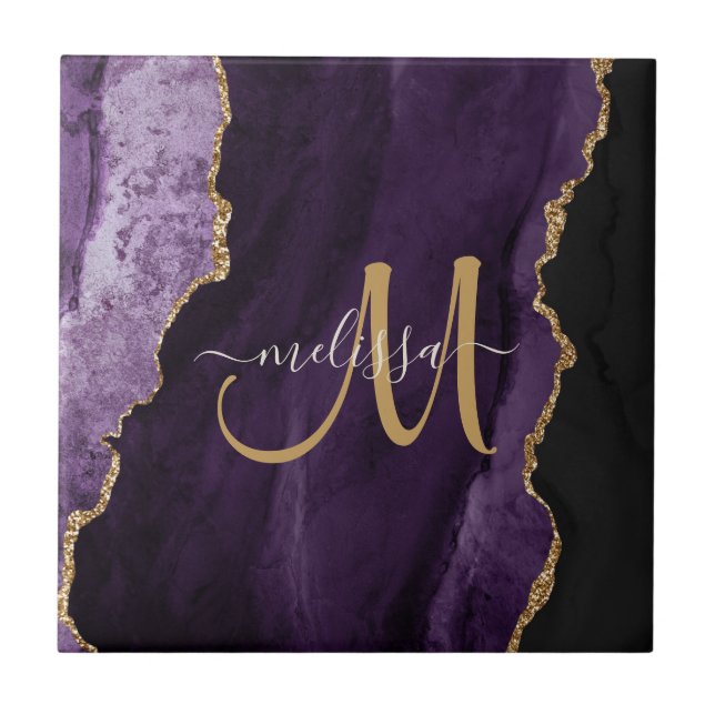 Chic Purple Gold Glitter Agate Custom Monogram Tile (Front)