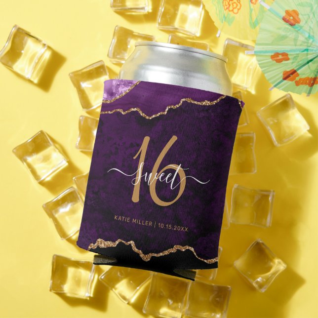 Chic Purple Gold Glitter Agate Sweet 16 Party Can Cooler (In Situ Summer)