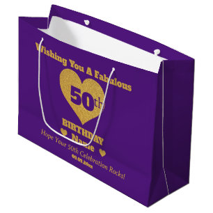 Chic Purple & Gold Glitter Hearts 50th Birthday  Large Gift Bag