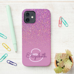 Chic Purple Gold Glitter Ombre Name Monogram iPhone 12 Case