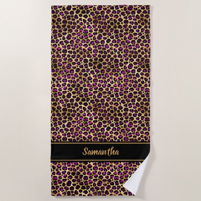 Chic Purple Gold Leopard Print Personalized Beach Towel (Front)