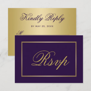 Chic Purple Gold Script Calligraphy Wedding RSVP Card