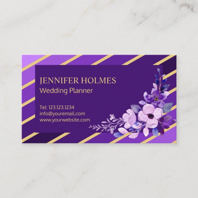 Chic Purple Gold Stripes Carte de visite Floral (Devant)