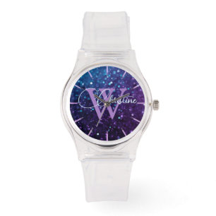 Chic Purple Gradient Glitter Monogram Watch