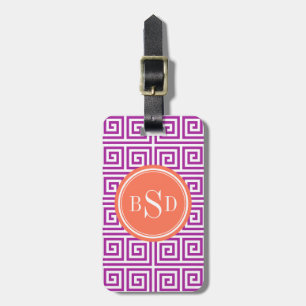 Chic purple greek key geometric patterns monogram luggage tag