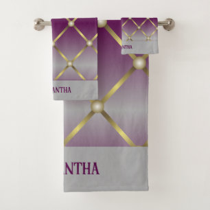Chic Purple Grey And Gold Mesh Geometric Bath Towel Set