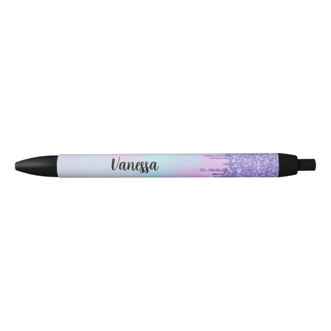 Chic Purple Holographic Glitter Drips Black Ink Pen (Front)