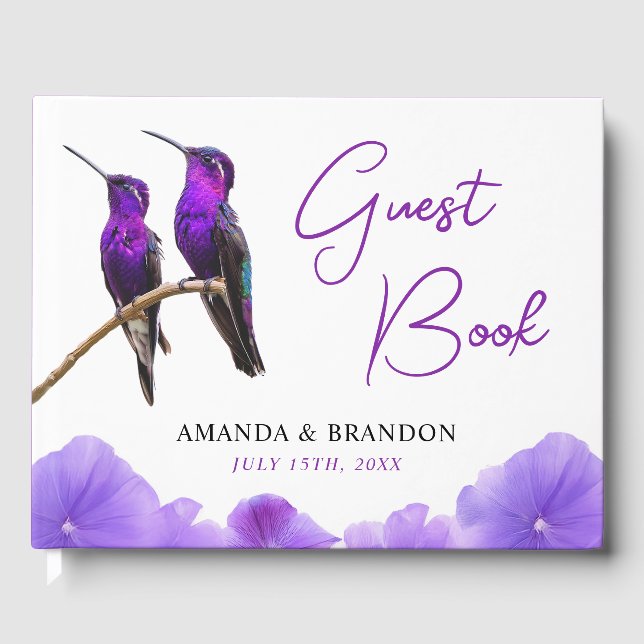 Chic Purple Hummingbirds and Petals Wedding Guest Book (Front)