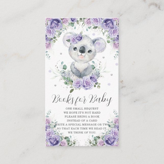 Chic Purple Lilac Floral Cute Koala Books for Baby Enclosure Card (Front)