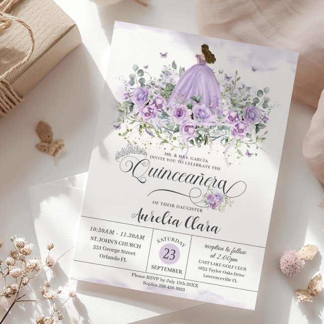 Chic Purple Lilac Floral Girl Dress Quinceañera XV Invitation (Creator Uploaded)