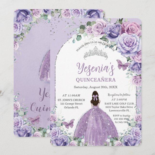 Chic Purple Lilac Floral Quinceañera Silver Arch Invitation (Front/Back)