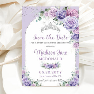 Chic Purple Lilac Floral Sweet 16 Silver Birthday Save The Date