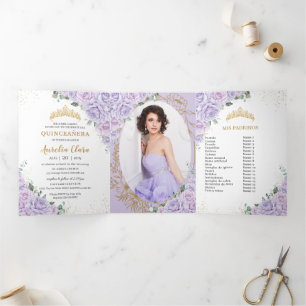 Chic Purple Lilac Roses Floral Quinceañera Photos Tri-Fold Invitation