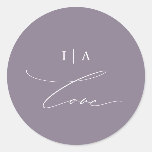 Chic Purple Love Calligraphy with Monogram Wedding Classic Round Sticker (Front)