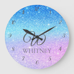 Chic Purple Ombre Blue Glitter Modern              Large Clock